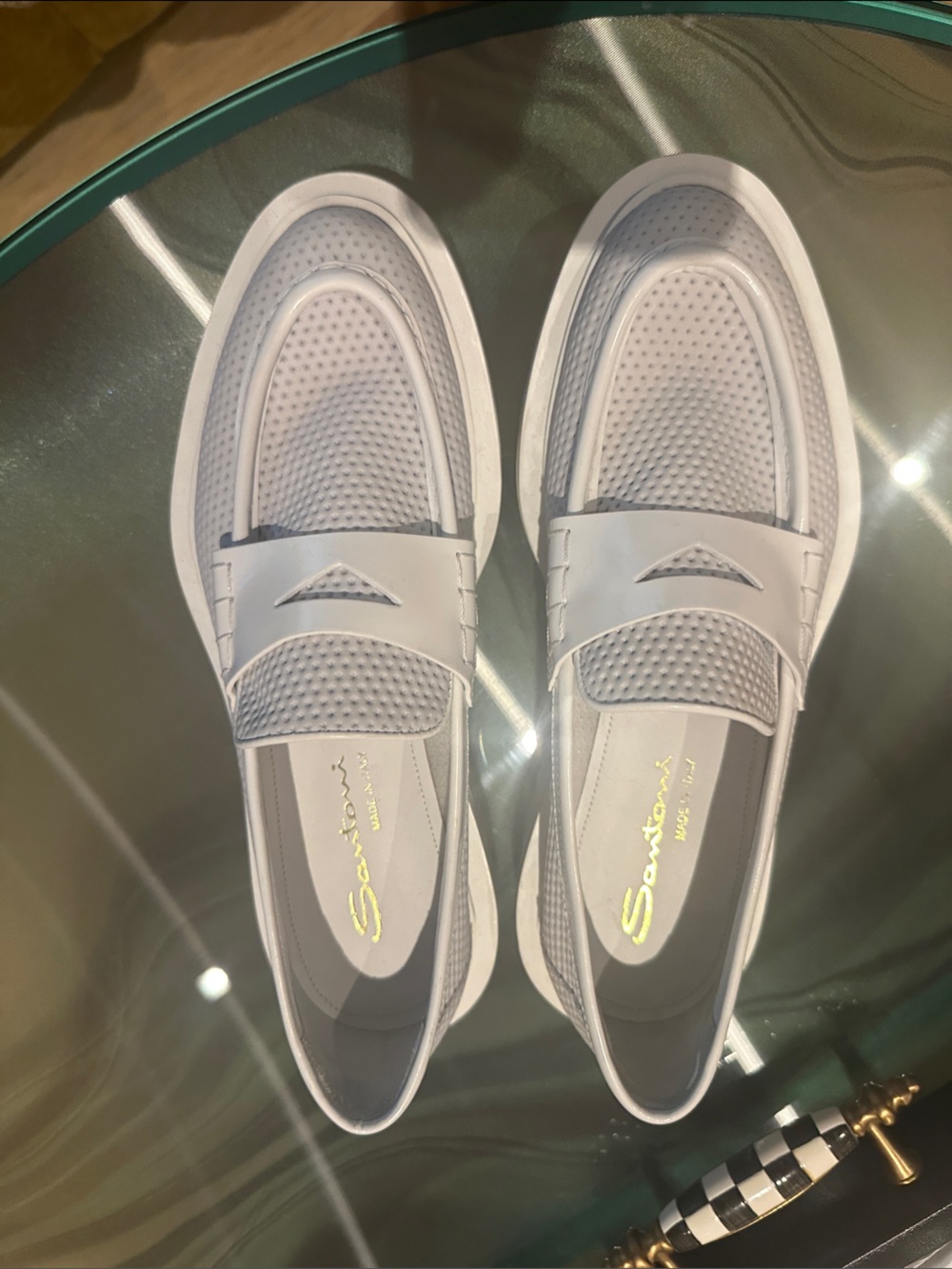 Santoni white Perforated Leather Penny Loafers in light gray/ whitish